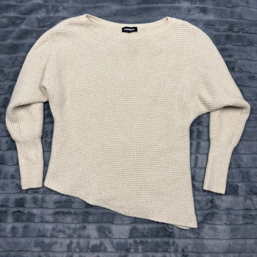 Express Womens Cream Waffle Knit Asymmetrical Hem Batwing Sweater Wool Blend M
